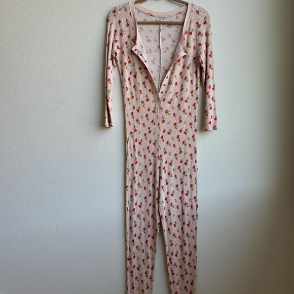 Aerie Pink Floral Snap Henley Long John’s Cozy Winter Size Medium Pajama - Picture 1 of 7